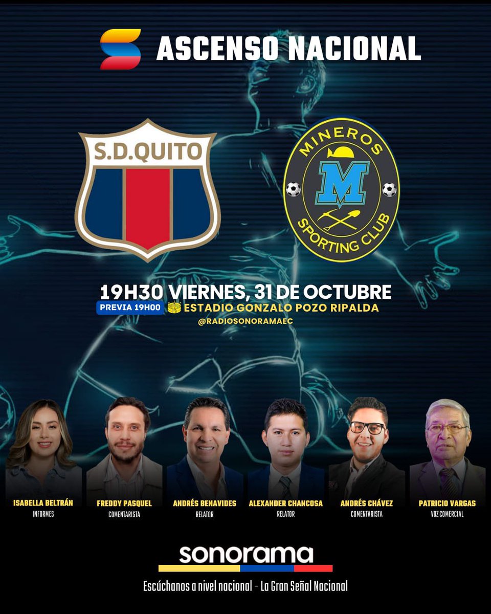 ¡EL FÚTBOL ARRANCA HOY! ⚽🫡 Inicia el feriado pero en Sonorama te llevamos toda la pasión del fútbol: 

▶️ Liga Ecuabet - DELFÍN vs DEPORTIVO CUENCA - 19:00

▶️ Ascenso Nacional - DEPORTIVO QUITO vs MINEROS - 19:30

Sigue todo el fútbol en nuestras plataformas digitales 📱📻📺