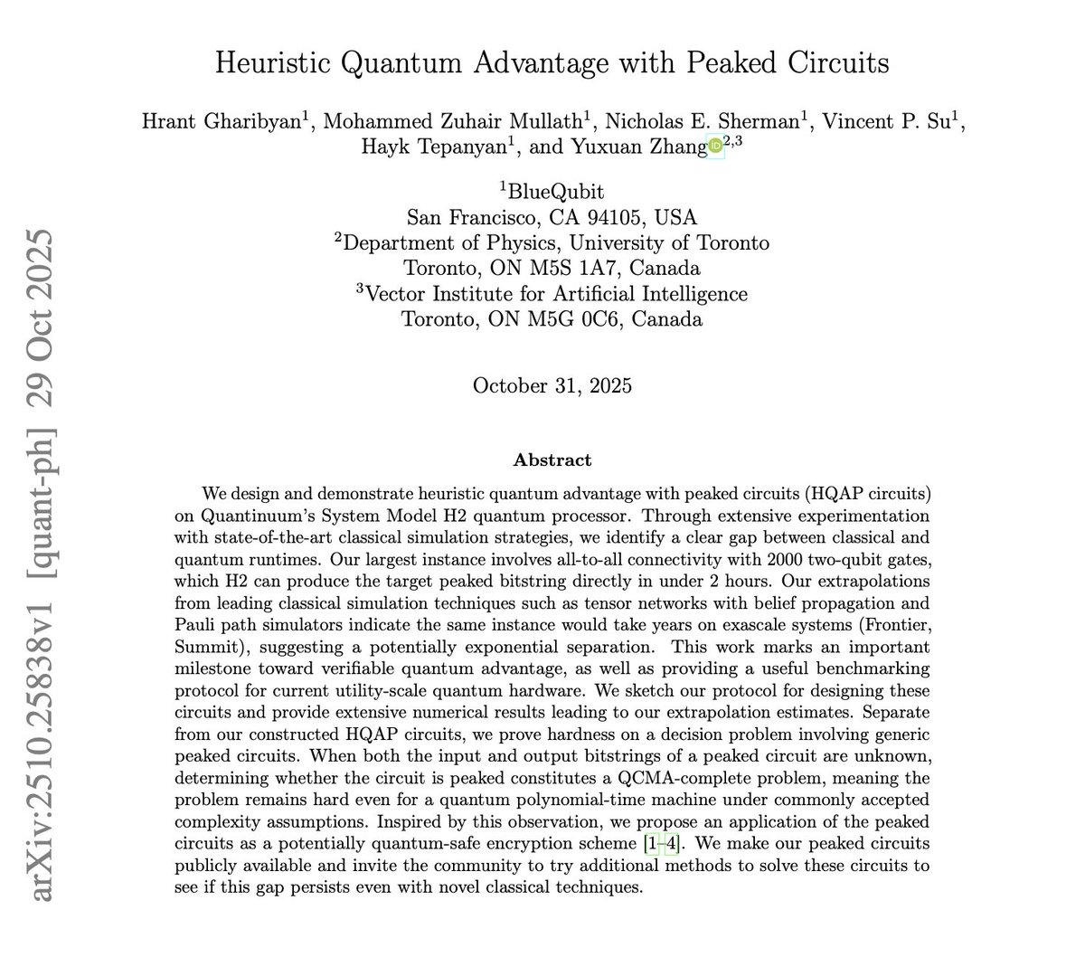 🚀 I am excited to share <a href="/BlueQubitIO/">BlueQubit</a>  first heuristic quantum advantage claim -- run on <a href="/QuantinuumQC/">Quantinuum</a>  H2 and backed by a careful comparison against state-of-the-art classical simulators. 🙌

🔷What’s new?
• We introduce a protocol for designing “peaked circuits” that can