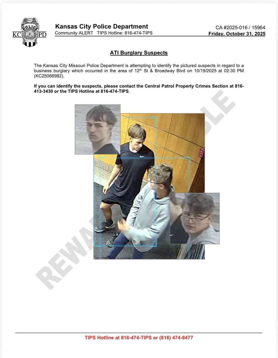 kcpolice's tweet image. Take a look at the bulletin and photos here. Detectives are attempting to identify the pictured subjects regarding a business break in the afternoon of Oct. 19th in the 300 block of W. 11th St at the former DST building. If you recognize these subjects please call TIPS HOTLINE