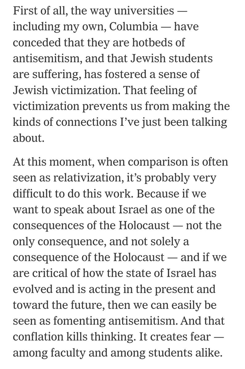 adam_louis52328's tweet photo. The @nytimes spreading #genocidelibel as usual.
The problem here is obvious. Jews are suffering, Jews have been victims of the antizionist hate movement. To try to erase that reality is a violence, and it's one that is constitutive to antizionism as an oppressive movement.
Stopping anti-Jewish hate is not killing thinking. The antizionist hate movement has destroyed entire intellectual fields and attempted to stigmatize anyone who disagrees with their libels and ideologically-bloated claims.
I don't see a lot of serious thinking coming from antizionists because I don't see them engaging with objections, simply dismissing them as a conspiracy of power to "repress" them, which is, ironically, a victim-complex from a group who are the majority and in the very process of applying power and hegemony.