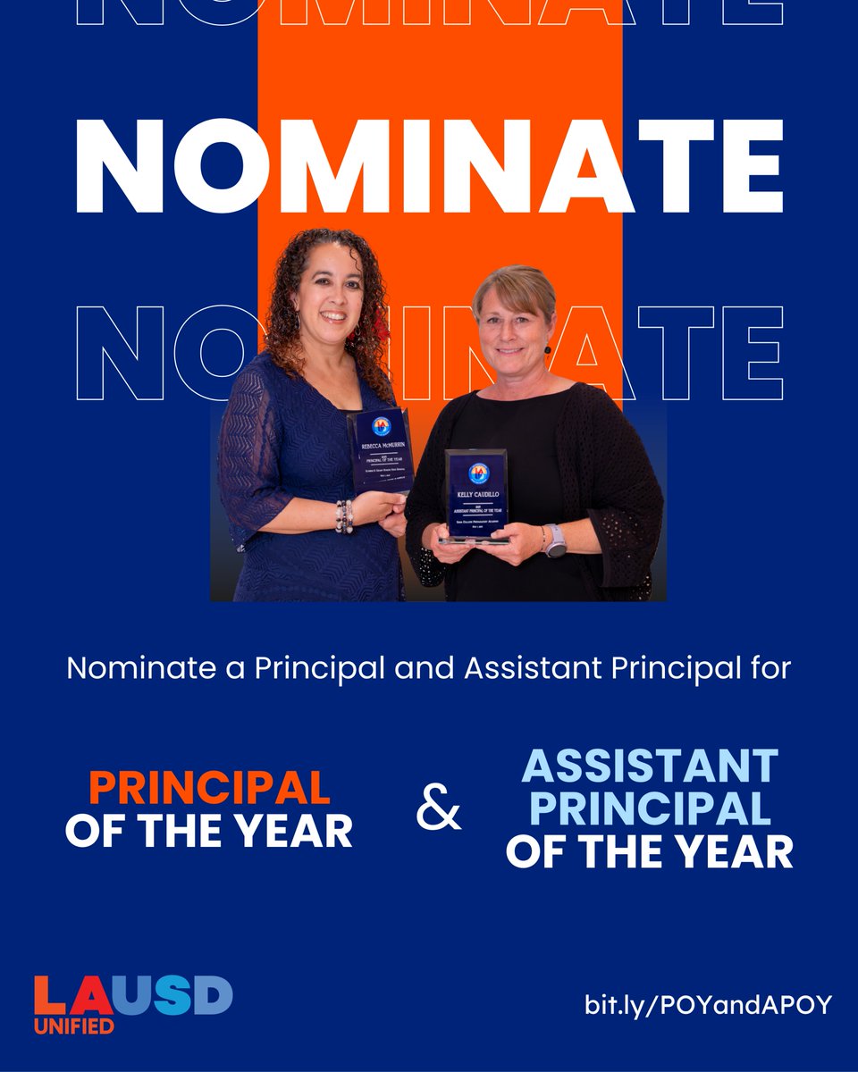 LAUSDHR's tweet photo. 🚨🌟Get ready to nominate your favorite Principal and Assistant Principal for Los Angeles Unified's 2026 Principal of the Year and Assistant Principal of the Year.

☀️Our Principals and Assistant Principals inspire greatness in our schools every day. Let's celebrate their leadership, vision, and the extraordinary impact they make in the lives of our school communities!

ℹ️The nomination window opens November 3rd, you can visit https://t.co/nCESdgVf5V for more information.