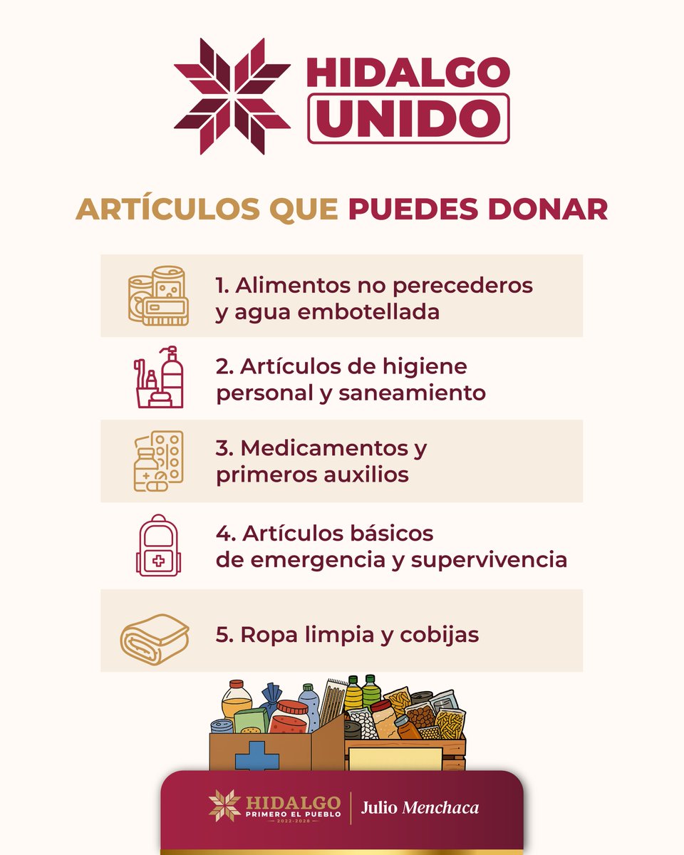 gobiernohidalgo's tweet image. 👚🥫🧼 Dona alimentos y artículos de higiene.
🤝 Súmate y forma parte de esta gran cadena de solidaridad.
Cada aportación cuenta para fortalecer a las familias hidalguenses. 🙌🏻
#HidalgoUnido