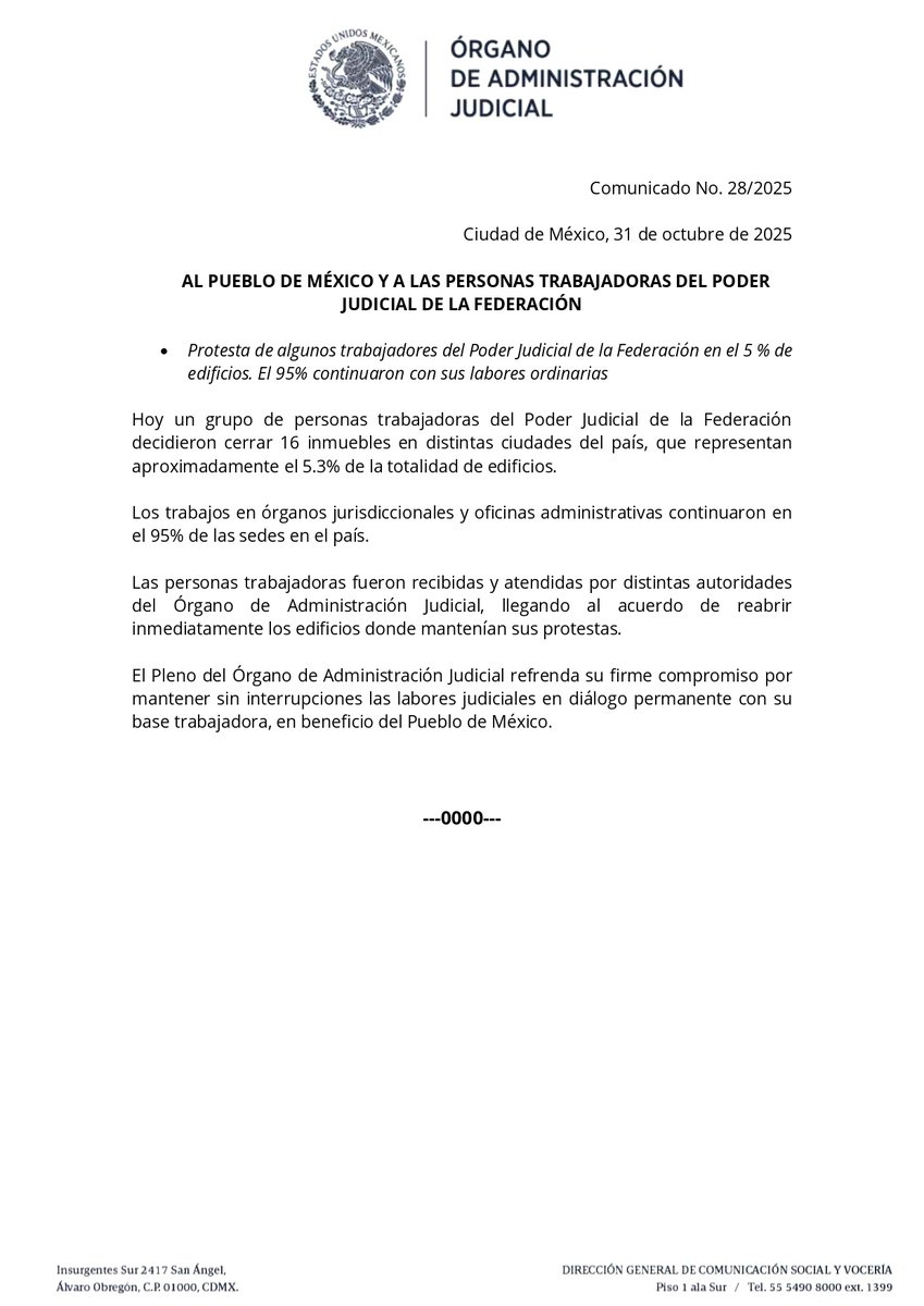 IMER_Noticias's tweet image. 📢 El Órgano de Administración Judicial (@OAJ_Mex) informó que este viernes un grupo de trabajadores del #PoderJudicial cerró 16 inmuebles en distintas ciudades del país, lo que representa el 5.3% del total de edificios.
El 95% de las sedes continuó con sus labores ordinarias.