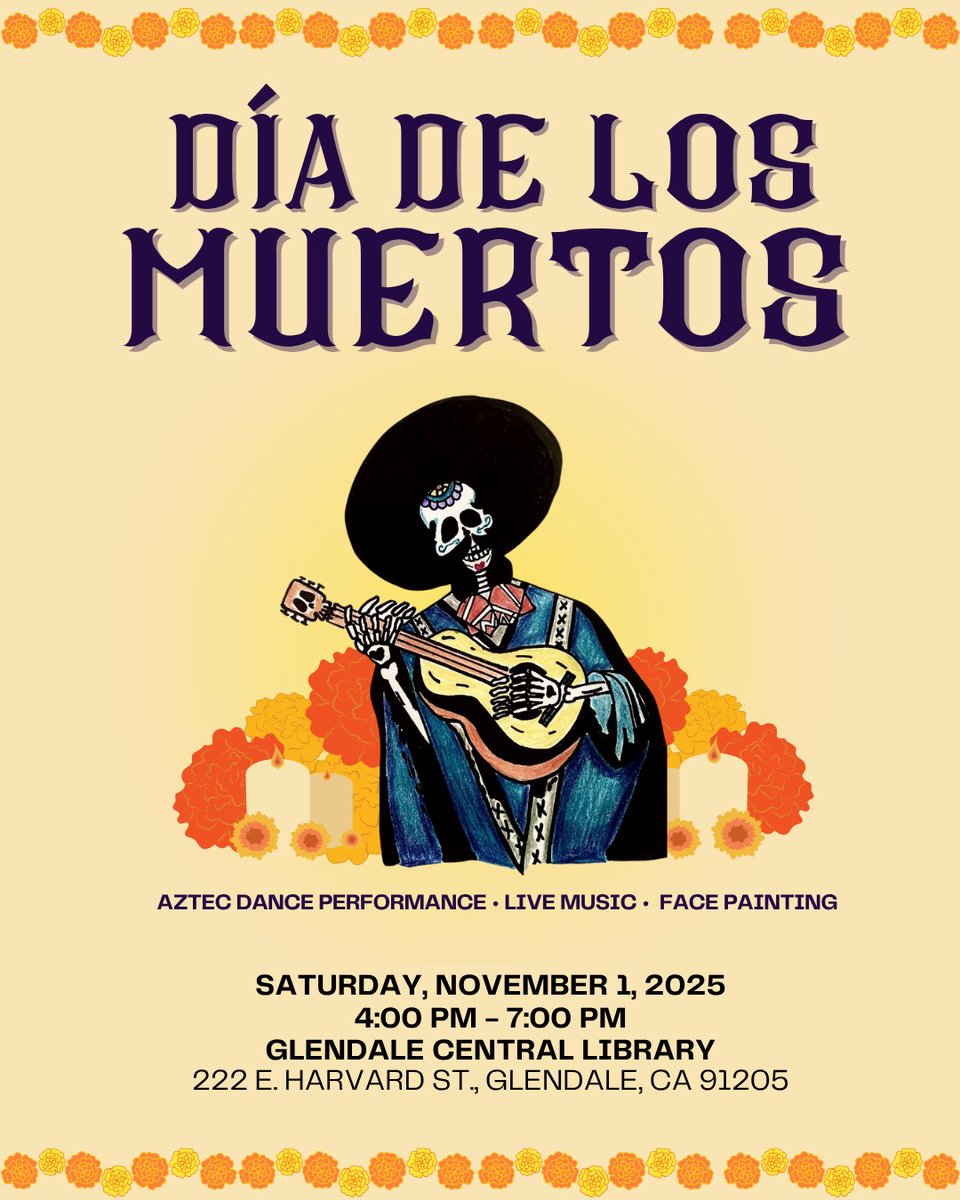 myglendaleLAC's tweet image. 💀 The #DayOfTheDead celebration is coming to #CentralLibrary on November 1 from 4:00 PM to 7:00 PM. Visit glendaleca.libnet.info/event/14139399 to plan your day!