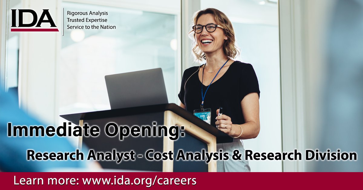 IDA_org's tweet image. We’re seeking an experienced researcher to join our Cost Analysis and Research Division (CARD) in Alexandria, Virginia. CARD engages in applied research supporting #resourceallocation decisions spanning a broad set of topics within the DOW and other federal agencies.