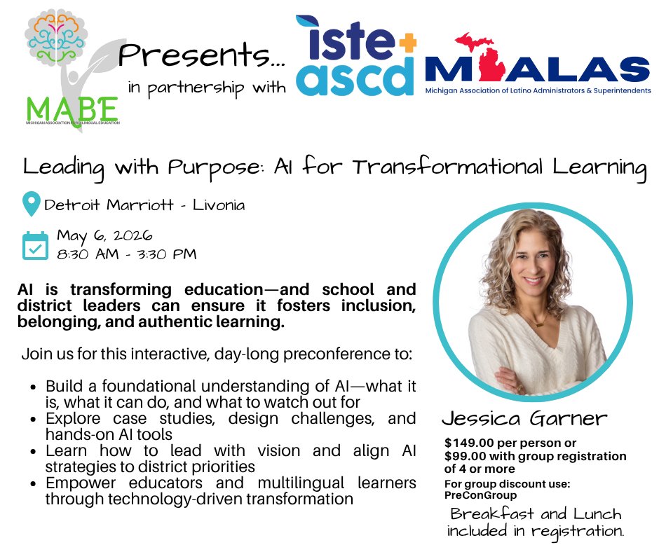 AI is changing education—leaders can ensure it empowers, not replaces. Join Jessica Garner on May 6, 2026, for Leading with Purpose: AI for Transformational Learning! <a href="/ISTEofficial/">ISTE</a> 

#MABE #AIinEducation #Leadership