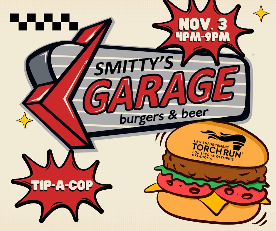 Join us for Tip-A-Cop at The Garage on Monday, Nov. 3, from 4–9 PM!
Edmond officers will be serving as waiters, and all tips benefit <a href="/sooklahoma/">Special Olympics Oklahoma</a> (Special Olympics Oklahoma).
📍 601 S. Bryant &amp; 1316 W. Covell, Edmond
Come out for great food and a great cause! 💙