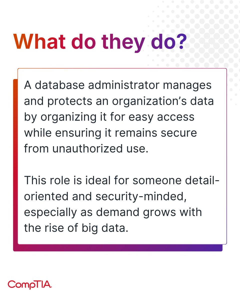 CompTIA's tweet image. Database administrators ensure that information is secure, accessible, and protected from unauthorized use.
Learn what else database administrators do, their career outlook, and where this path can lead: s.comptia.org/4nv4XP6