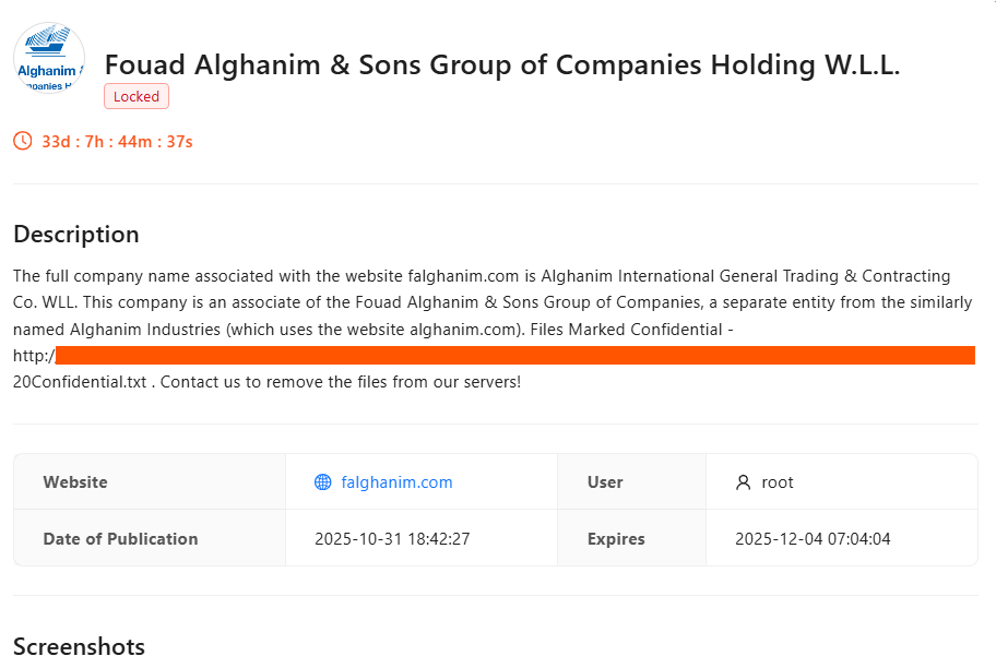H4ckmanac's tweet photo. 🚨Cyberattack Alert ‼️

🇰🇼Kuwait - Alghanim International

Radar hacking group claims to have breached Alghanim International. Samples have been provided.

Sector: Costruction
Threat class: Cybercrime

Observed: Oct 31, 2025
Status: Pending verification

—
About this post:
Hackmanac provides early warning and cyber situational awareness through its social channels. This alert is based on publicly available information that our analysts retrieved from clear and dark web sources. No confidential or proprietary data was downloaded, copied, or redistributed, and sensitive details were redacted from the attached screenshot(s).

For more details about this incident, our ESIX impact score, and additional context, visit https://t.co/eB7qgxLdpI.