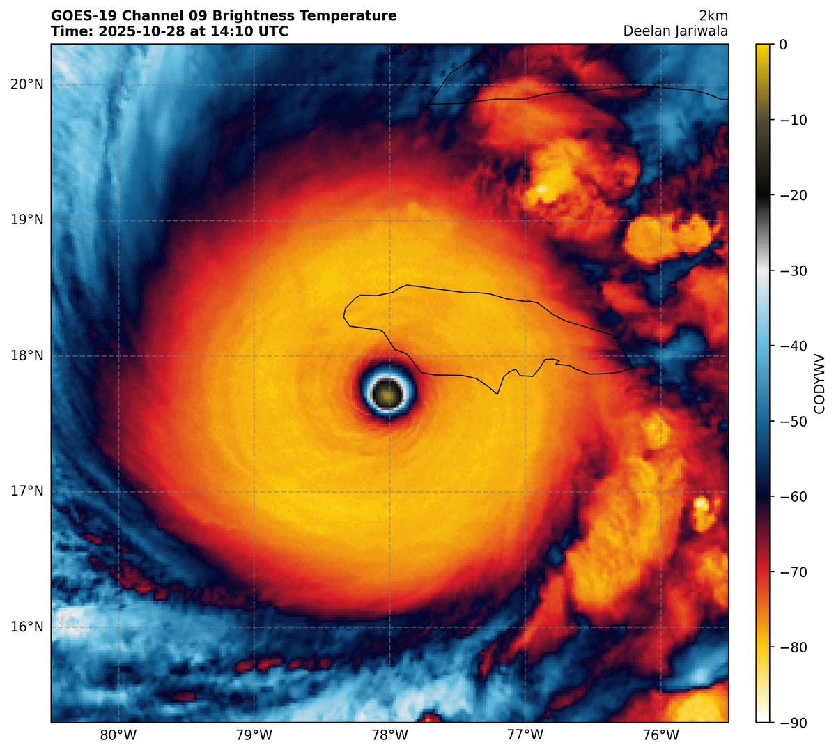 #Melissa around the time of peak satellite appearance as one of the strongest Atlantic TCs and most symmetric TCs of all time.

This was also when NOAA2 found 173 kt FL in the south quadrant, and an hour after the 892 mb dropsonde.