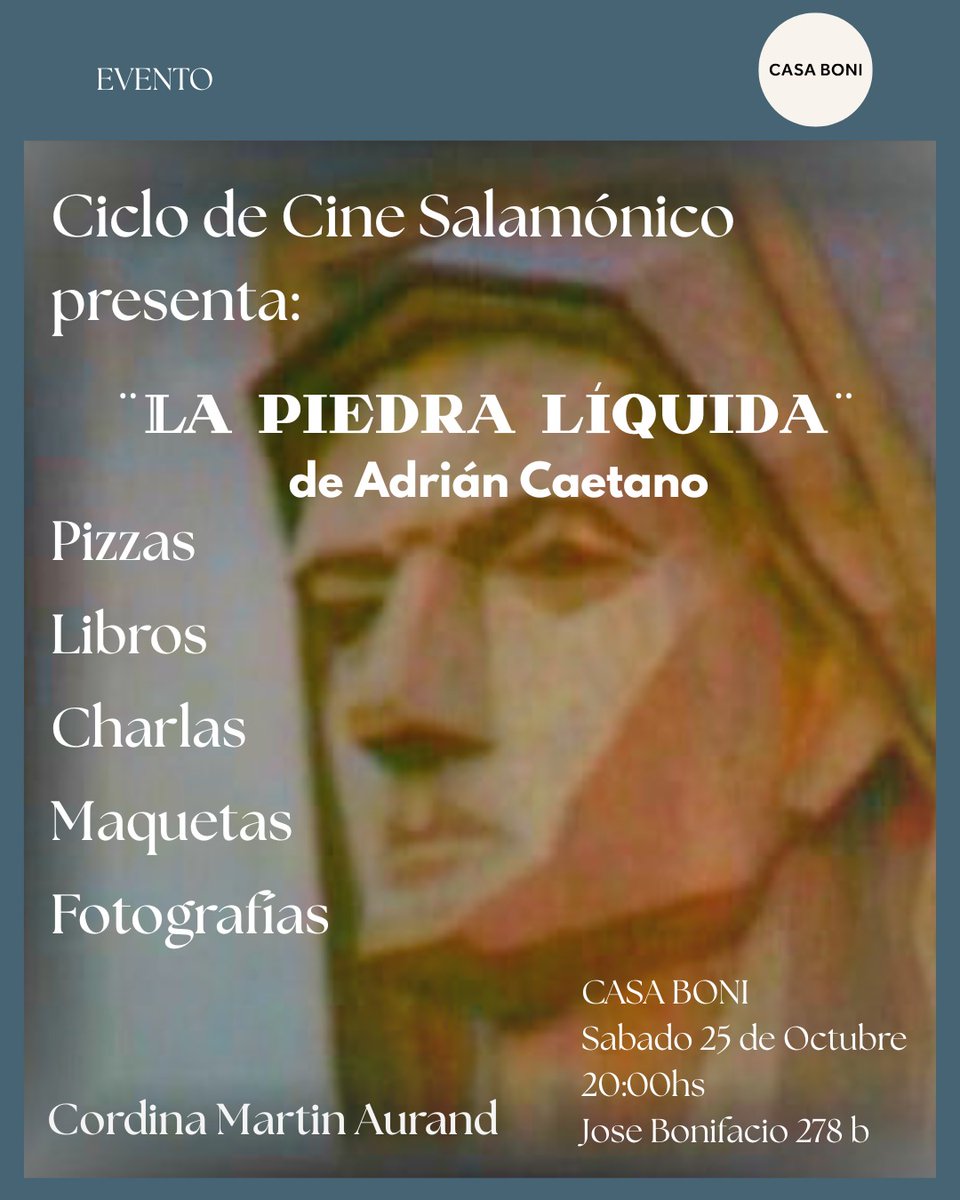 Hola! Mañana proyecto el mini doc La piedra líquida de Israel Adrián Caetano en Casa Boni, una galería de arte en Caballito!

La dirección es José Bonifacio 278 B.
Entrada: $10.000 
Link para reservar: docs.google.com/forms/d/127sTx…
Nos vemos allá!