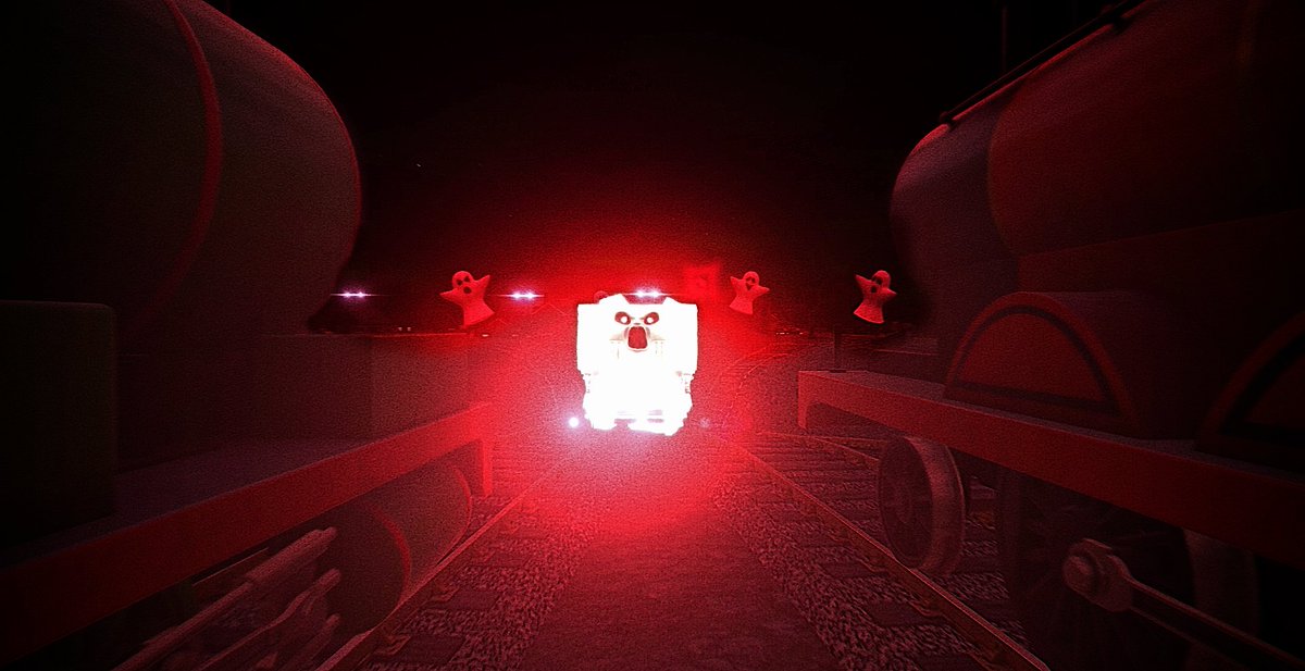 Subiboard's tweet image. Percy and James are horrified as they watch the tuntable sink to the ground. And there, rising above, is a ghost truck as it screams at the two. Then, regular ghosts fly out of the sinking hole. Percy and James's boilers chilled with freight.   

HAPPY HALLOWEEN, FOLKS. 👻