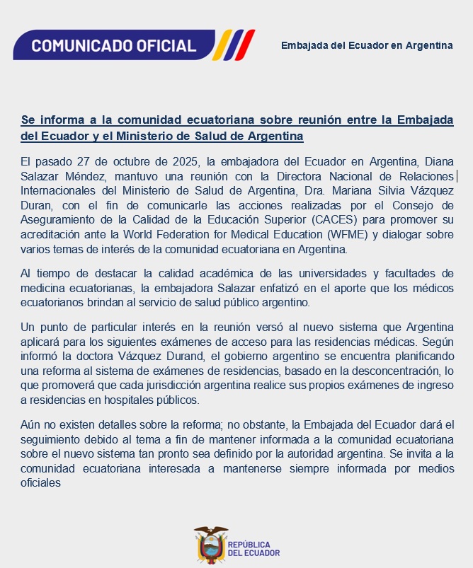 🩺 👩🏻‍⚕️C O M U N I C A D O 🇪🇨🫱🏻‍🫲🏼🇦🇷