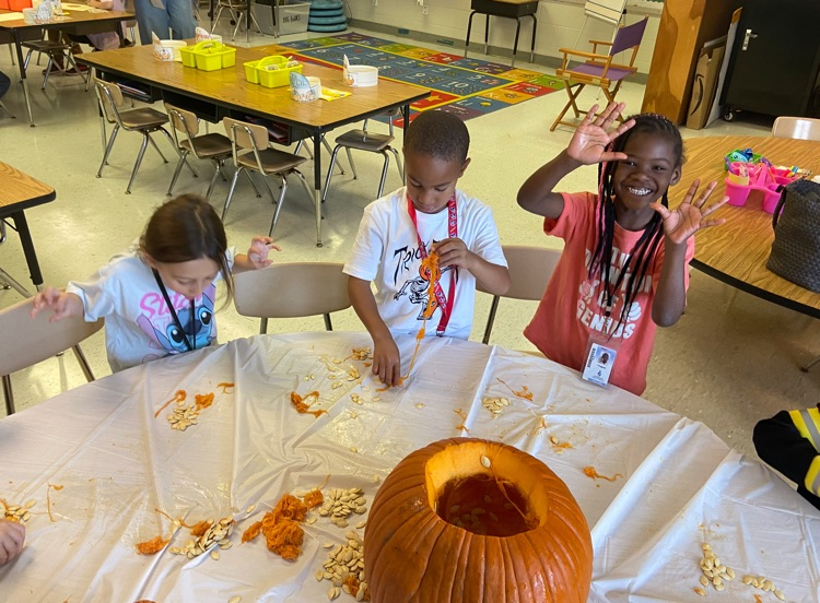 DCEsuperhornets's tweet photo. Pumpkin Day was a smash hit in Ms. Groverโs kindergarten class! Students learned, labeled, and wrote about all the parts of a pumpkin. Then, they rolled up their sleeves and counted every seedโฆ all 557 of them! ๐ #LaunchintoLearning https://t.co/klk8An1dPg