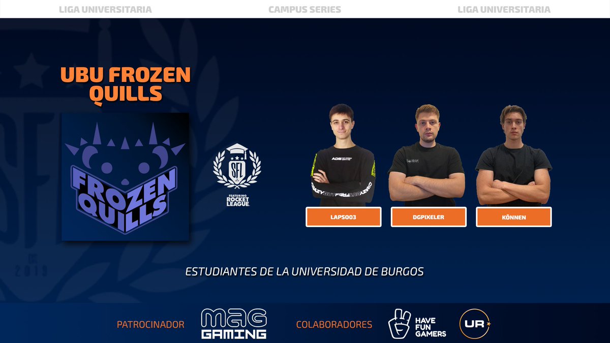 🔵UBU FROZEN QUILLS

Ya está aquí el equipo más helado de la competición, los jugadores de <a href="/GamingBurgos/">Burgos Gaming Club</a> Frozen Quills están dispuestos a congelar a todo lo que se encuentren en el campo