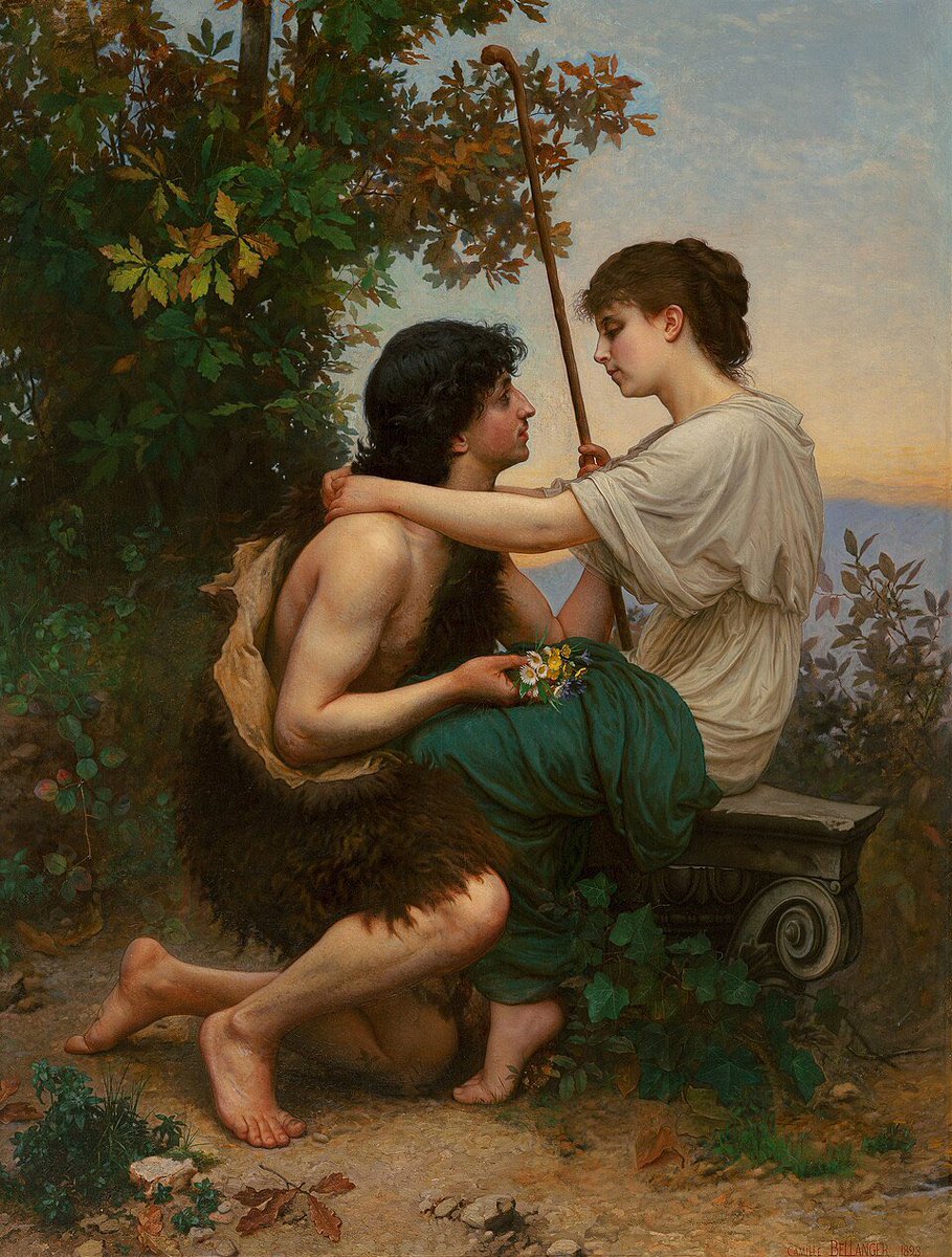 « Je suis en haut, je suis en bas », lui disait-elle,
« Et je veille sur vous, d'en bas comme d'en haut. »
Il demandait comment chaque plante s'appelle,
Se faisant expliquer le printemps mot à mot. »

❥ Victor Hugo

🎨 Daphnis et Chloé, 1893, de Camille Félix Bellanger