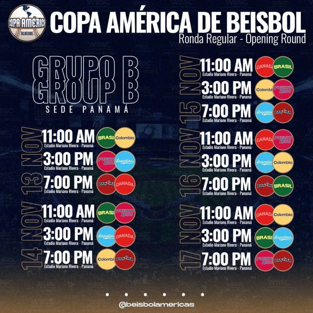 Calendario oficial de la Copa América de Béisbol 2025 ⚾️

Venezuela, México, República Dominicana, Cuba, Nicaragua, Curazao, Puerto Rico, Panamá, Colombia, Canadá, Brasil y Argentina 

¡A luchar por la gloria! 🏆