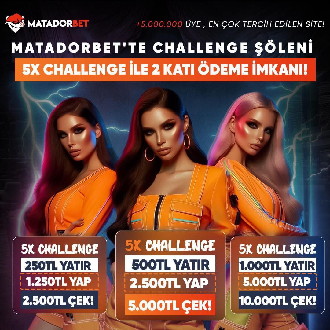 💵250 TL Yatır, 1.250 TL Yap; 2.500 TL ÇEK

✅ 5X CHALLENGE 250TL YATIR 1.250TL Yap 2.500TL Çek kutucuğunu seç kampanyaya katıl.

💵 500 TL Yatır, 2.500 TL Yap; 5.000 TL ÇEK

✅ 5X CHALLENGE 500TL YATIR 2.500TL Yap 5.000TL 

🦬 Matadorbet Giriş: cutt.ly/z9vd7Mt