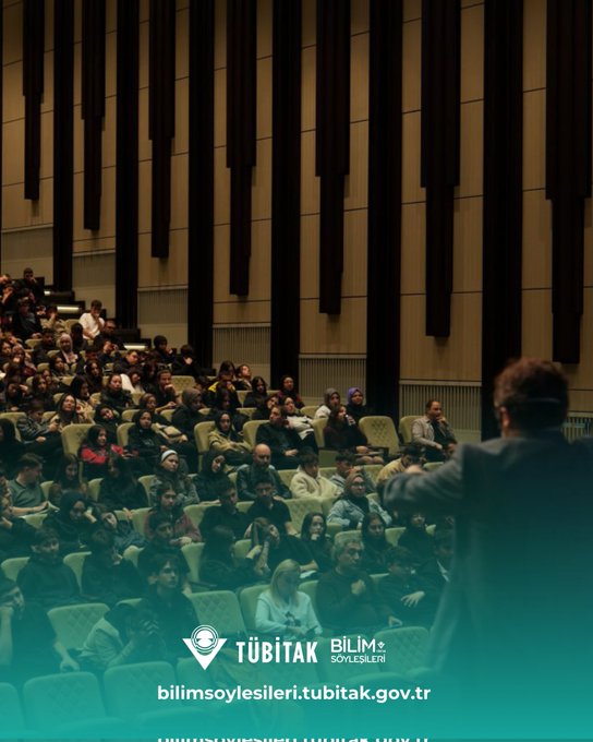 First image displays a stage with a large screen projecting Soluk Mavi Noktanın Mimarisi Bir Dedektiflik Serüveni and Bilim Uygulaması Zirkon Mucizesi, a speaker in a gray suit walking on the platform raising his arm, banners for TÜBİTAK Bilim Söyleşileri on the sides, and an audience seated in the background. Second image shows a wide view of a spacious auditorium filled with a diverse audience of men and women in casual and formal attire seated in rows of chairs with wooden paneling on walls. Third image captures a male speaker in a dark suit with glasses standing on stage gesturing with both hands, a banner reading Biyom Gen Genel Popülasyon Dijital Adres next to him, illuminated letters spelling BIM on the floor, and TÜBİTAK Bilim Söyleşileri logo visible. Fourth image depicts another angle of the auditorium with audience members attentively watching the stage where a speaker in a suit is presenting, rows of seated people in various clothing, and green accents from the TÜBİTAK branding.