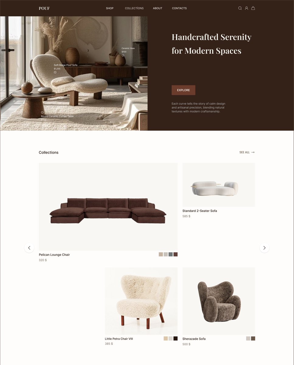 okcnaciye's tweet image. Furniture website section — calm, minimal, and refined.
#UIDesign #WebDesign #UXUI #Furniture