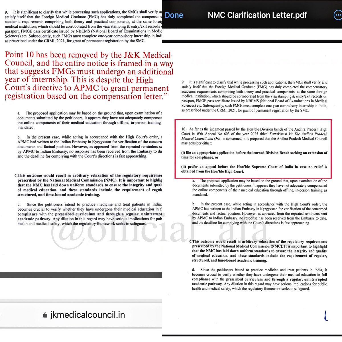 official_afa_'s tweet photo. Some State Medical Councils seem intent on making FMGs suffer by manipulating  NMC guidelines. Just a day ago, the J&K Medical Council posted a clarification letter from the NMC, citing an Andhra Pradesh High Court case involving an FMG. However, the Council deliberately omitted some portions of the original clarification issued by both the Court & NMC, and presented only the parts that justify imposing 2–3 years of internship on FMGs.

This is a gross misrepresentation. In reality, the Hon’ble High Court has clearly instructed that all FMGs who possess a compensation letter and have completed one year of internship in India must be granted permanent registration and ordered APMC to do it within 1 month.

We demand the immediate withdrawal of this misleading notice and urge the Hon’ble Chief Minister of J&K, @OmarAbdullah, to intervene and uphold justice for FMGs.
@sakinaitoo @DrMohammadMomin @aimsa_fmsw @UDF_BHARAT