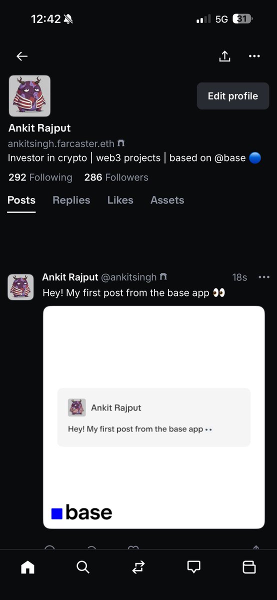 Hey! 👋 Just joined the <a href="/baseapp/">Base App</a> and created the 1st post 👀