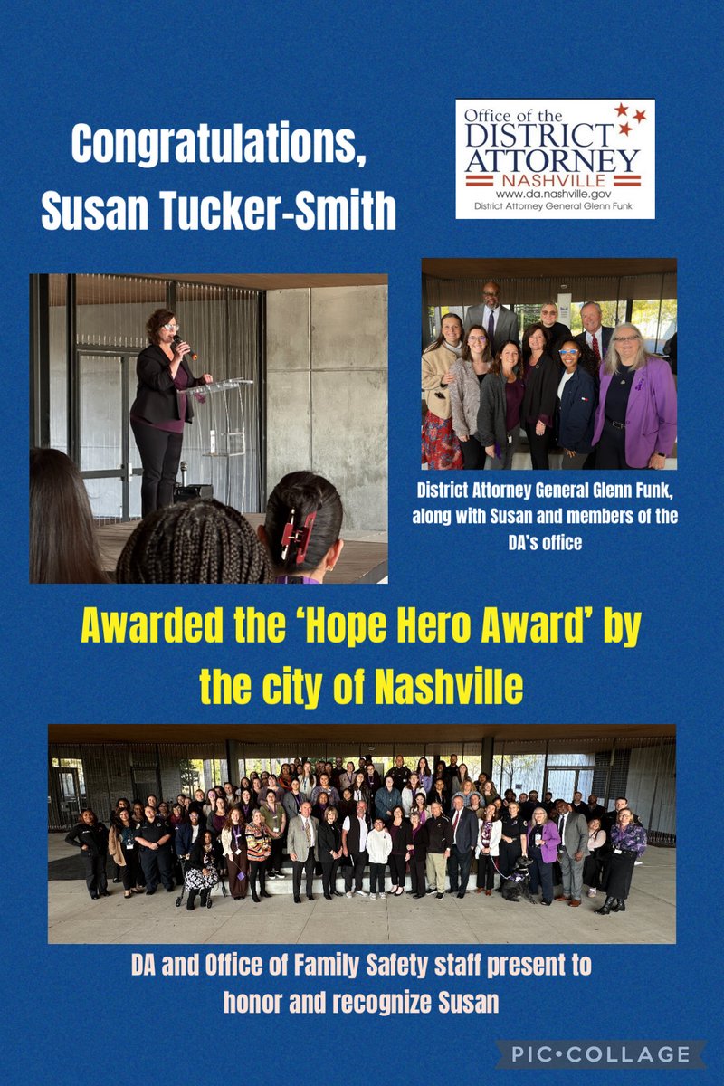 Congratulations, Susan Tucker-Smith!  
This dedicated Victim Witness Coordinator in our DV Division received the Hope Hero Award from Nashville’s Office of Family Safety.  
During her 27 years in the DA’s office, Susan has compassionately supported thousands of victims.