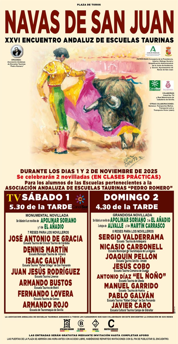 #Actualidad #Temporada25 #NoticiasEscuelas 
👉escuelastaurinasandaluzas.com

📌Navas de San Juan 

✍️Doble jornada del XXVI Encuentro Andaluz de Escuelas Taurinas 

➡️Sábado 1. (17:30 h Canal Sur Tv)
➡️Domingo 2 (16:30 h)
