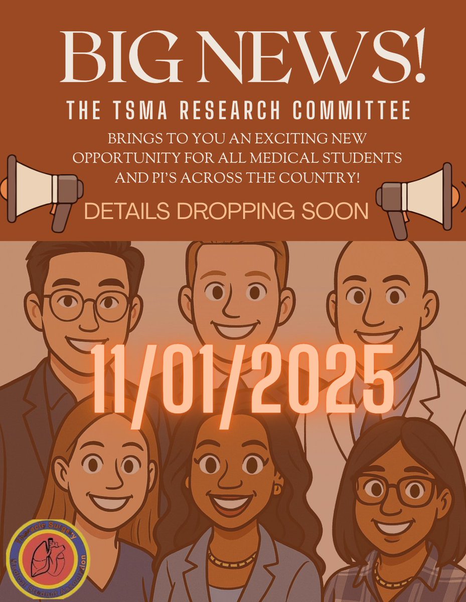 🚨 BIG NEWS 🚨
The TSMA Research Committee has something HUGE coming your way!
An opportunity for medical students &amp; PIs nationwide to connect, collaborate, and create.
🗓️ Details dropping TOMORROW — stay tuned! 👀
#MedTwitter #CTsurgery #Research