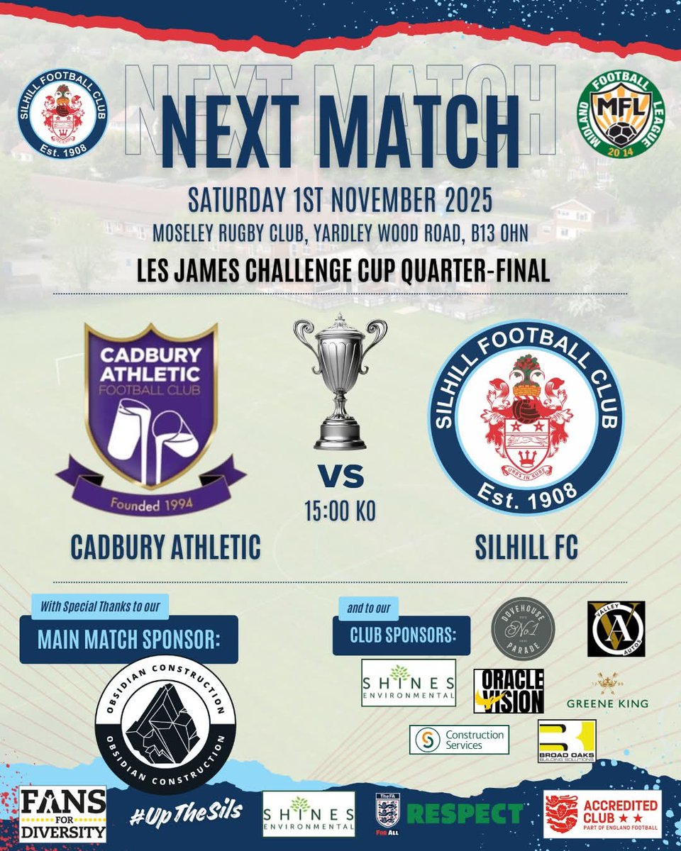 Cadbury Athletic vs Silhill FC
Les James Challenge Cup Q-Final
Saturday 1st November 2025
3.00pm KO

Big quarter final tomorrow as we travel away to 2nd in division 2 Cadbury Athletic looking to continue the good run and make the semis

#UpTheSils