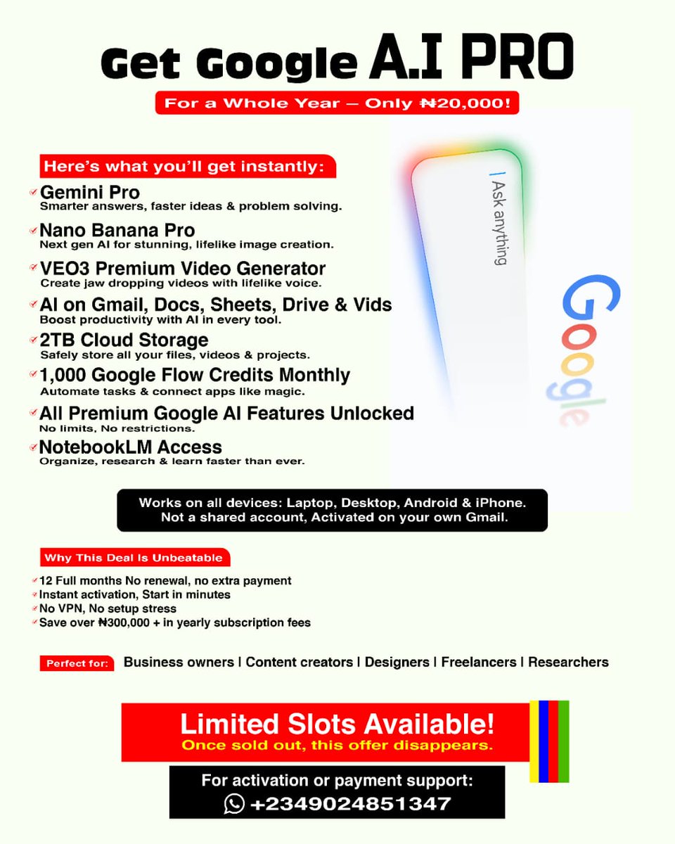 Uncle_M8991's tweet image. Get the FULL Google AI PRO Suite for a whole year.

🤯 Includes: Gemini Pro, 2TB Storage, AI in Docs/Sheets, NotebookLM, PLUS Nano Banana (Image AI) &amp;amp; VEO3 (Video AI).

All for ₦20,000 (You save ₦300k+). Limited Slots! DM me now! 👇

#GoogleAIPro #GeminiPro #AIforStudents