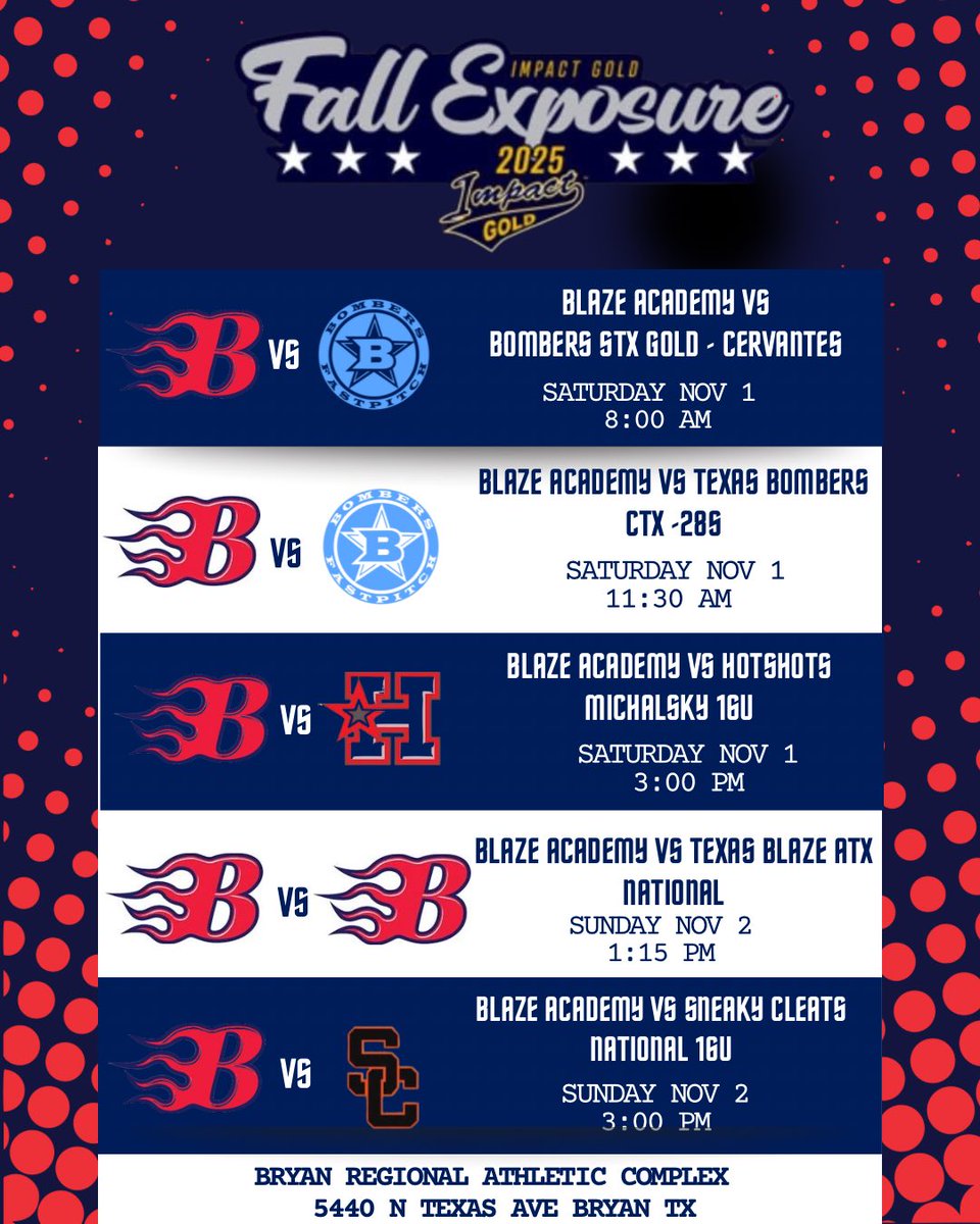 Impact Gold Fall Exposure Weekend! 

📍 Bryan Regional Athletic Complex
🗓️ Nov 1–2
➡️ AGL : 0289789
<a href="/jbssports/">Coach JB Slimp</a> <a href="/BlazeFastpitch/">Texas Blaze</a> <a href="/coachjose_flo4/">Jose Flores</a> <a href="/Puente4Don/">Don Puente</a> <a href="/harringtonf12/">Felicia M Harrington</a>