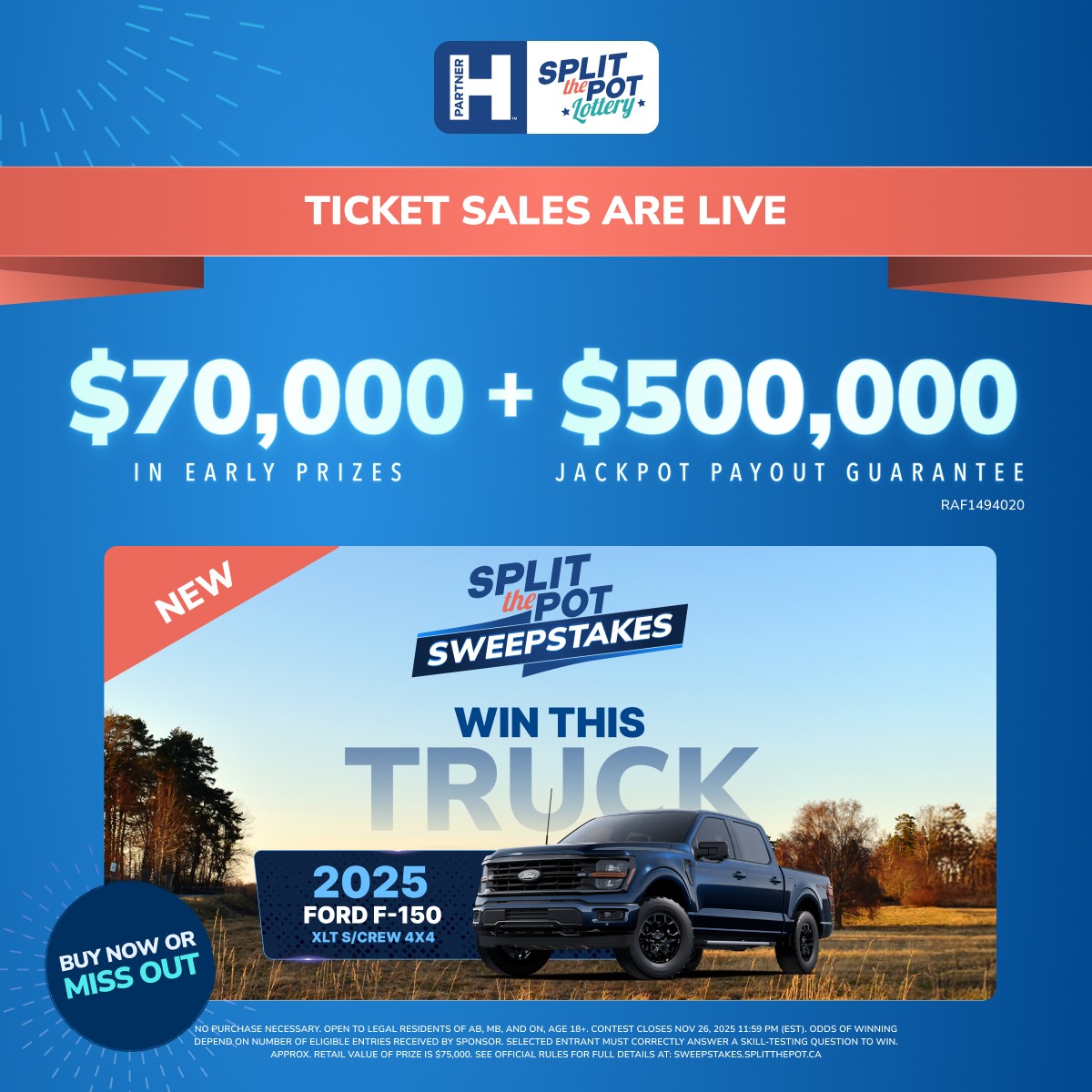 November’s Split the Pot lottery has begun and there are 30 total chances to win! Get your tickets before Nov. 5 11:59pm for a shot at ALL this month's prizes:

- $70,000 in early bird cash - 17 winners!
- 13 grand prizes, jackpot guaranteed at $500K!

🎟️ on.splitthepot.ca/?olc=bchsf&utm…