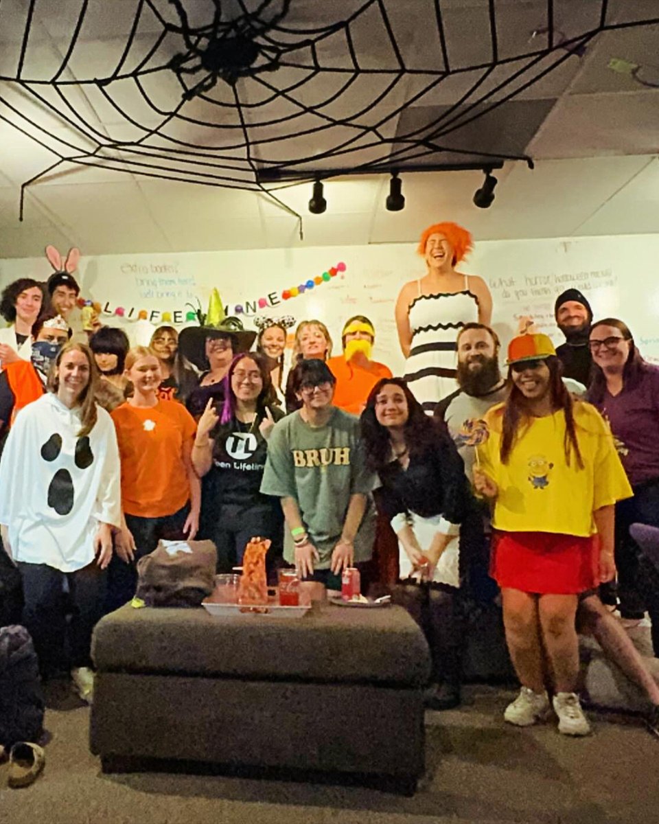 Happy #Halloween from the Teen Lifeline crew!🕷️ 👻🧡

Our hotline lounge got the full Halloween treatment this week—giant spiderwebs included! Our volunteers and staff celebrated with a costume potluck party, dressed up in everything from the Lorax to the Nesquik bunny.