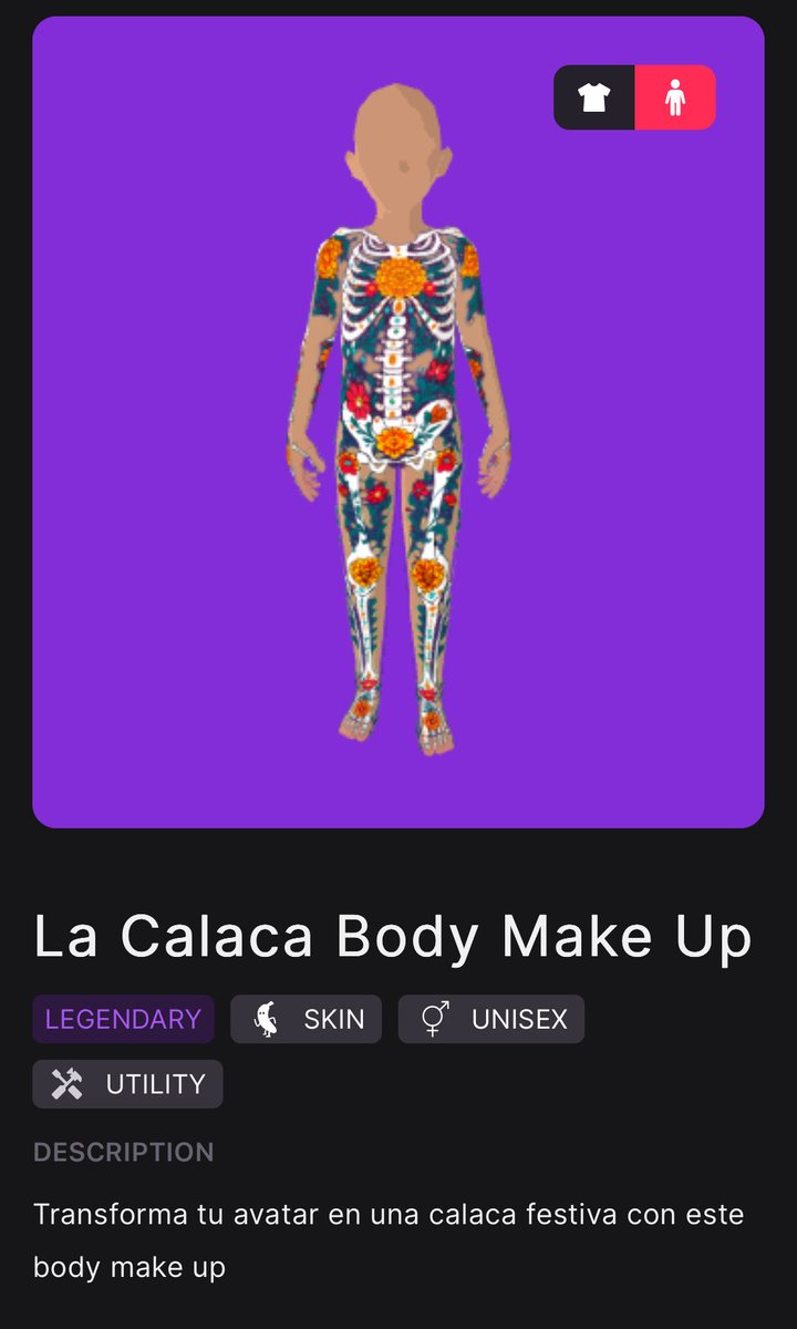 Available in dcl Marketplace

The exclusive wearable of this year

“La Calaca Body make up”

Go for it!!