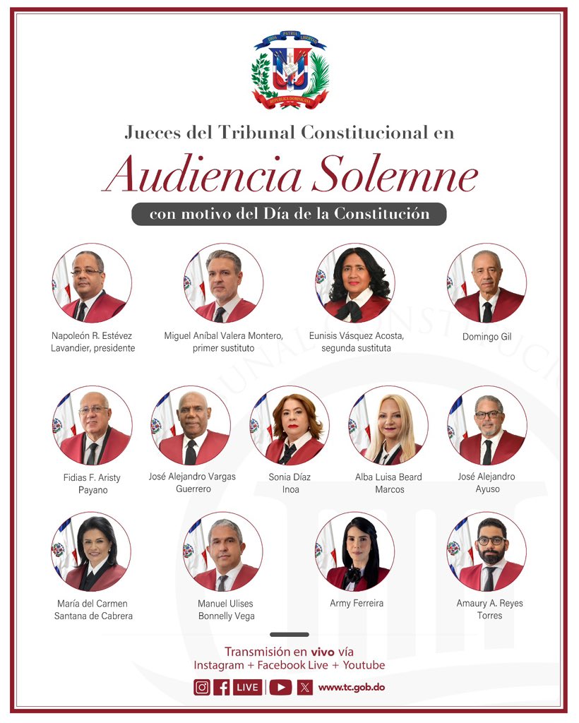 TribunalConstRD's tweet photo. El Pleno de jueces del Tribunal Constitucional estará presente en la Audiencia Solemne con motivo al 181 aniversario de la Constitución dominicana, acto que se llevará a cabo este jueves, 6 de noviembre, en la ciudad de San Cristóbal, cuna de la carta magna. https://t.co/VK2wXzCKeB