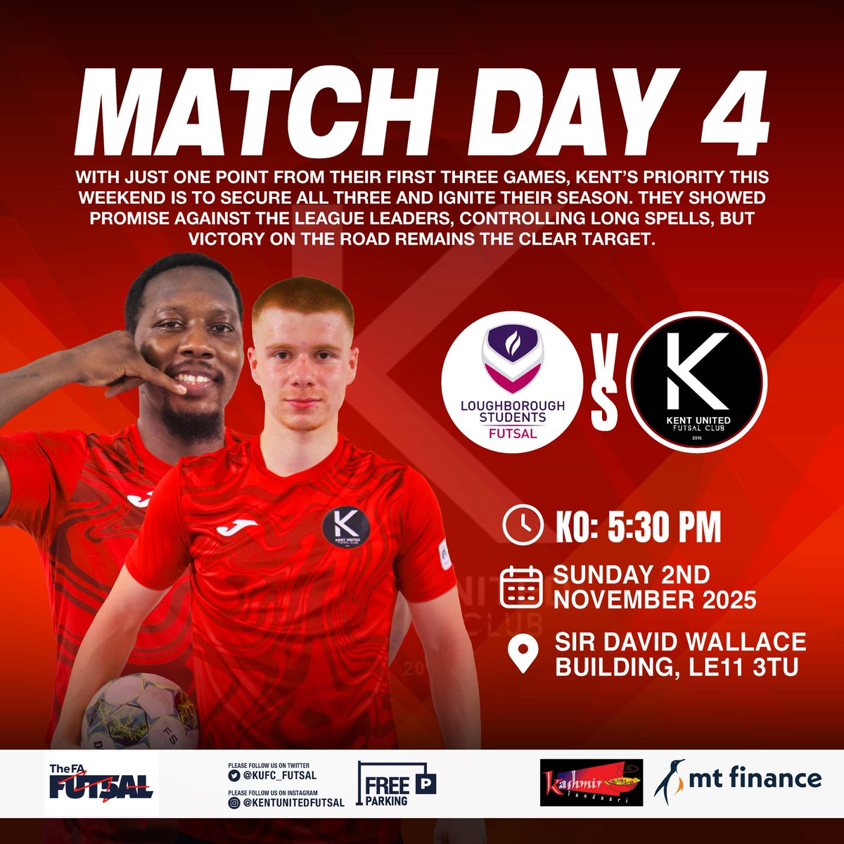 🆚 <a href="/lborofutsal/">Loughborough Students Futsal</a> 
⌚️5:30PM KO
📍Sir David Wallace Building, LE11 3TU
🗓️Sunday 2nd November 2025