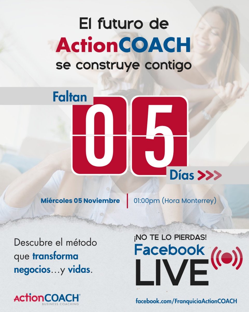 ¡Faltan solo 5 días!
Este miércoles 5 de noviembre descubre el modelo de coaching que está revolucionando negocios y vidas.

🚀 1:00 p.m. (hora Monterrey)
🌍 En vivo en Facebook Live.
#ActionCOACH #Rebranding2025