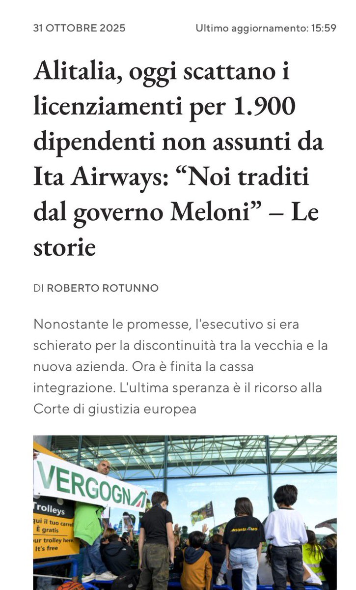 Frances99687883's tweet photo. Fine della cassa integrazione straordinaria: #licenziamento per oltre 1.900 ex dipendenti #Alitalia,non riassunti da #ItaAirways. La continuità promessa fra le due aziende,è stata tradita dal #governomeloni. Ora,forse,il contentino della #Naspi per tre anni. #Calderone #Urso https://t.co/RKMzyqe1Au