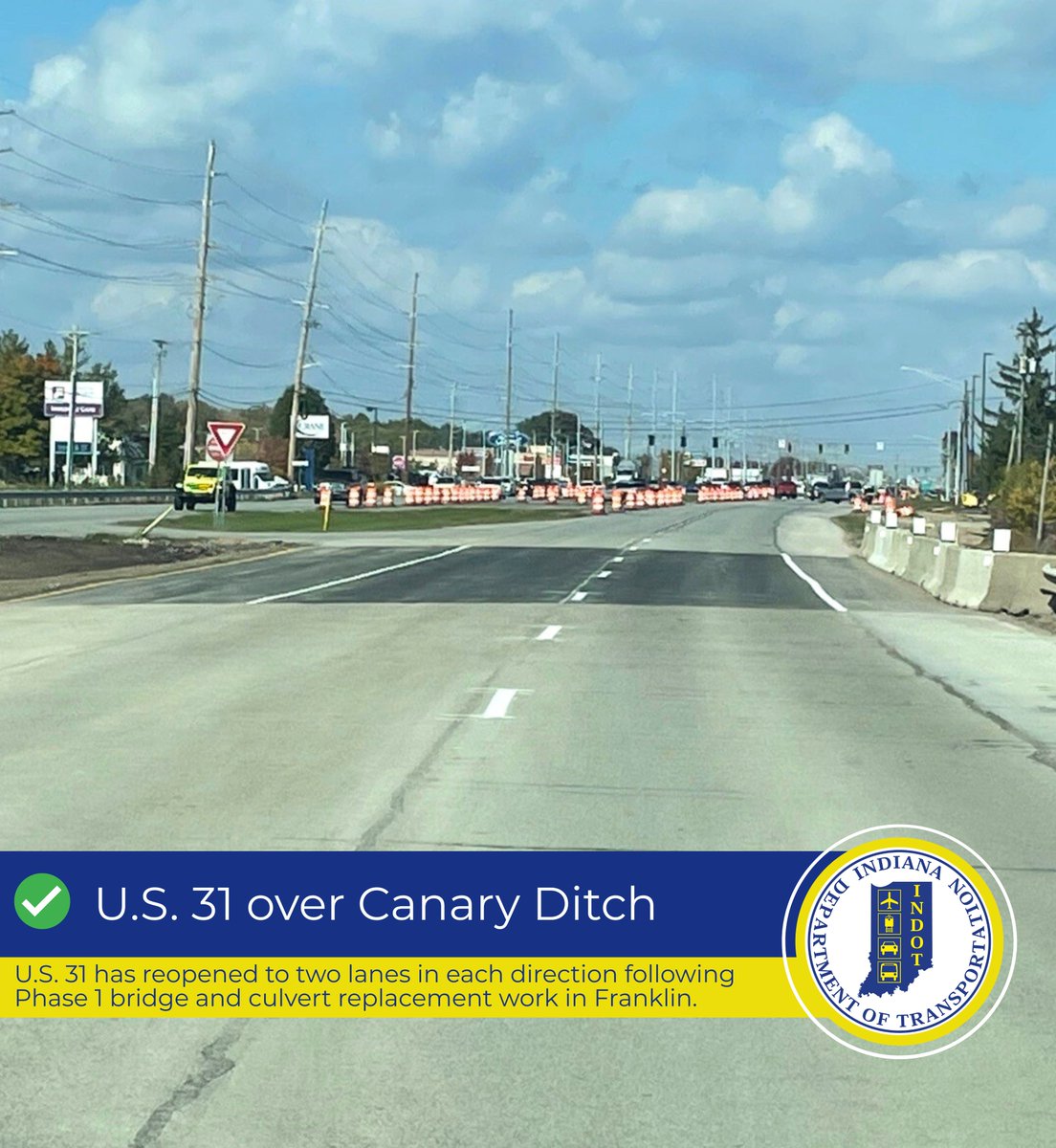 📍U.S. 31 in Franklin

✅Phase 1✅: This afternoon, U.S. 31 reopened to two lanes in each direction over Canary Ditch following Phase 1 bridge and culvert replacement work as part of the six-phase corridor improvement project in Franklin. ➡️More here: facebook.com/share/p/1BHZde…