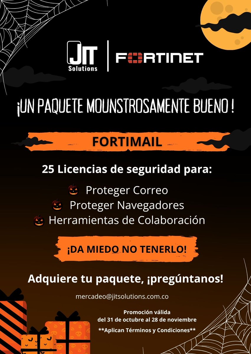 JitSolutionsT's tweet image. 💌 ¡No dejes que los phishing te espanten!
Este Halloween: 25 licencias FortiMail a un precio de locura 🎃
Protege tu correo, navegador y herramientas de colaboración.
#Fortinet #FortiMail #JITSolutions #Halloweentime