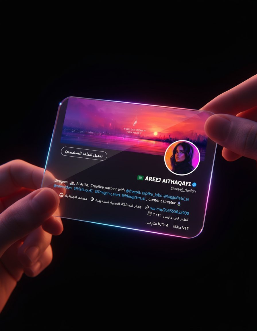 areej_design's tweet image. ✨ SHARE PROMPT ✨

برومت يصمم لقطة شاشة لواجهة موقع تواصل اجتماعي  بأسلوب زجاجي ✨

جربوه باستخدام أداة التوليد: nano banana  👇

prompt : futuristic cinematic scene featuring a semi-transparent glassmorphism social-media profile card held gently between fingertips. The glass…