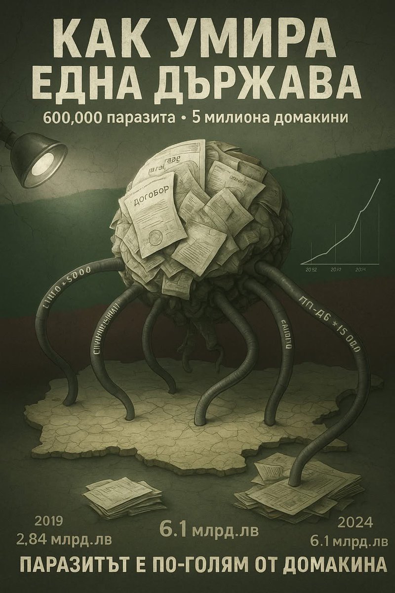 Как умира една държава: Кратък наръчник по паразитизъм
Или как 600,000 паразита смучат кръвта на 5 милиона идиота.
Публичният сектор не просто "расте", той е като тумор в терминален стадий, който с всеки ден става все по-голям и по-гладен. Метастазите му са навсякъде. За пет