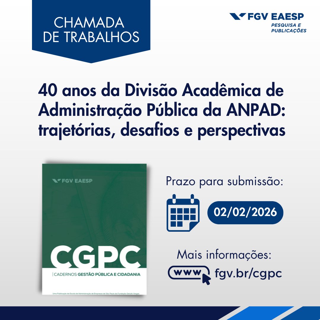 FGVEAESPesquisa's tweet image. Chamada de artigos nos #CGPC celebra 40 anos da Divisão de Administração Pública da ANPAD. Serão aceitas contribuições sobre trajetórias, desafios e perspectivas da área. Submissões até 02/02/2026.
Saiba mais: go.fgv.br/oE3zYT5Ovs2
#AdministraçãoPública #FGVEAESP
