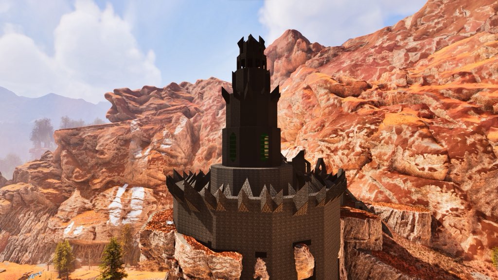Cooleair's tweet photo. My Barad-dûr inspired build at 50-75% complete on Valguero. Sadly won’t be complete till after my wedding and honeymoon. So check back in a week and a half for a full video on it. But  I definitely think it fits the map. 
@Nekatus @survivetheark https://t.co/4fQKAvJ8tk