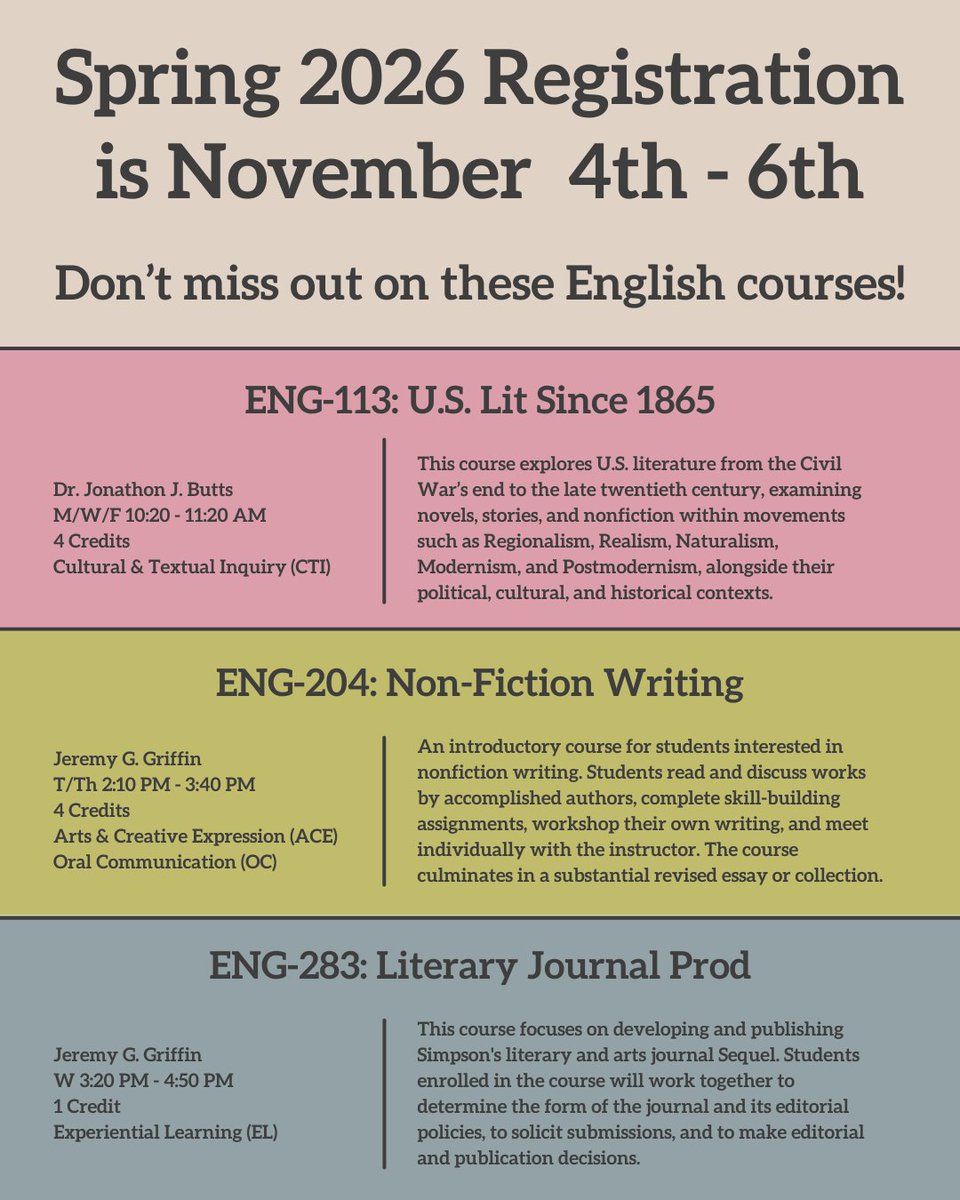 simpson_english's tweet photo. Registration is right around the corner! Make sure you sign up for an English course for the Spring 2026 semester. https://t.co/vG9AbHZjFQ