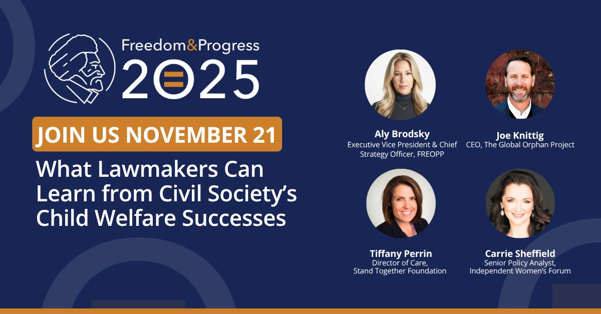 Child welfare is not discussed nearly enough among advocates of limited government. 

We'll tackle it head-on next month with <a href="/StandTogether/">Stand Together</a> Foundation's Tiffany Perrin,  <a href="/OrphanProject/">The Global Orphan Project</a>'s Joe Knitting, and <a href="/IWF/">Independent Women</a>'s  <a href="/carriesheffield/">Carrie Sheffield</a>.

Join us in DC Nov 21: freopp.org/freedom-progre…