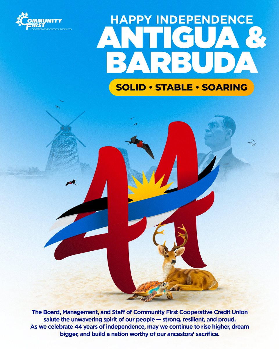44 years of strength, pride, and progress!
As Antigua &amp; Barbuda stands SOLID, STABLE, and SOARING, we at Community First salute the spirit of our people — bold, resilient, and unstoppable. Happy Independence!