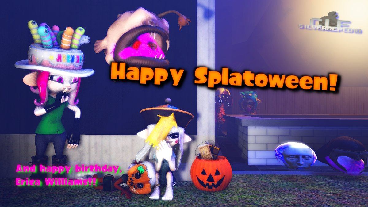 Erica's (<a href="/TwoDevSensei/">Dενiε - デヴィ-COMMISSIONS OPEN-</a>'s mascots) beloved birthday, and Splatoween!  And before you ask, yes, I'm wearing it this year.

Ft. Me, Frost, Iris, Lily, Maren, Myrtle, and Riolu!