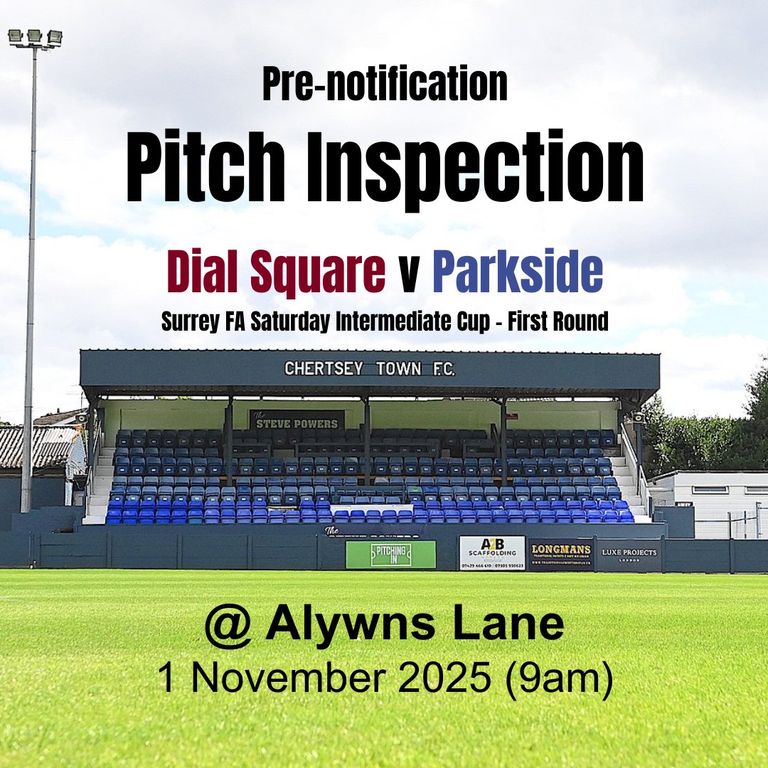 Due to substantial rainfall in the north-west Surrey area, a pitch inspection will take place at Alwyns Lane at 9am tomorrow (1 Nov). This will determine whether our <a href="/surreyfa/">Surrey FA</a> county cup game against <a href="/fc_parkside/">Parkside F.C.</a> will go ahead at 2pm.

<a href="/SurreyLiveSport/">Surrey Live Sport</a> <a href="/NonLeagueHQ1/">NonLeagueHQ</a> <a href="/NonLeagueHQ1/">NonLeagueHQ</a>